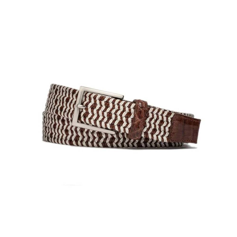 NEW W. KLEINBERG men's woven leather and cloth stretch belt with crocodile tab i